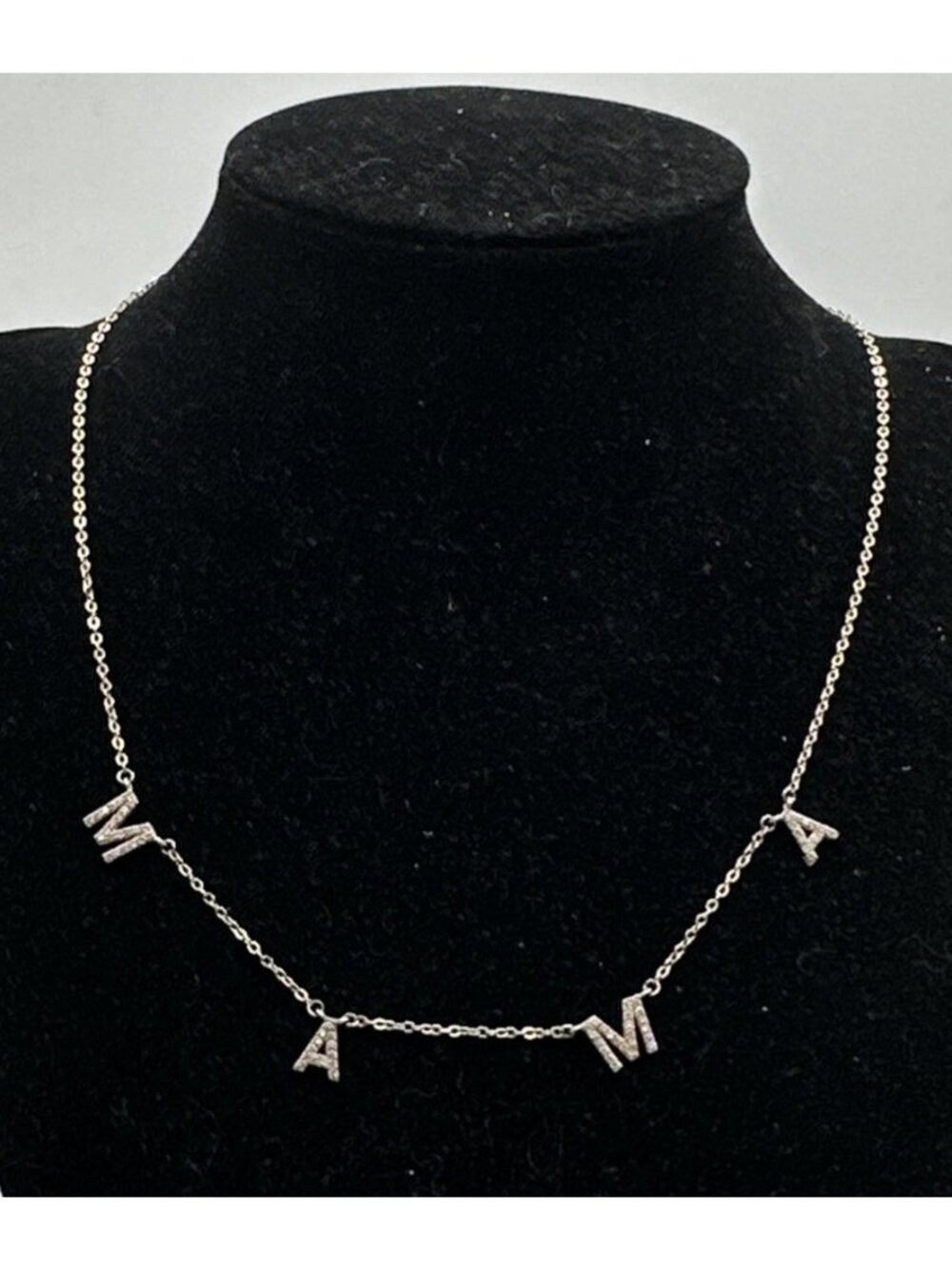 vermeil gold Sterling Silver MAMA Rhinestone Necklace Dainty  16” 2.25”ext